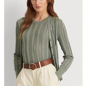 Ralph Lauren Black Label Women’s Cardigan Pointelle Knit Slim V-neck Swe…